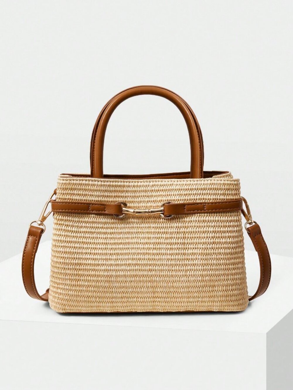 Khaki Elegant Women's Premium faux leather Contrast Trim Top Handle Office Tote - Picture 5 of 8